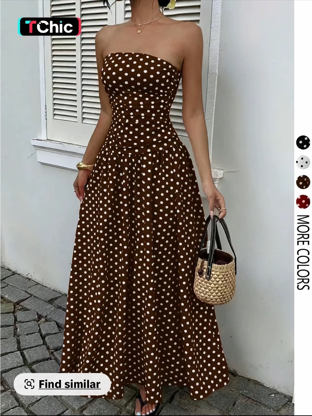 Elegant Strapless Brown Polka Dot Maxi Dress - Picture 4 of 6